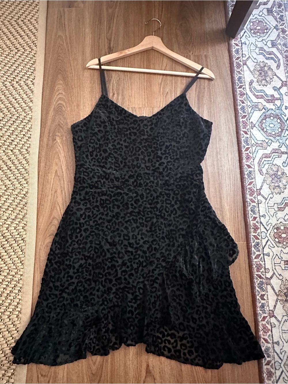 Black Leopard Velvet Mini Dress with Spaghetti Straps